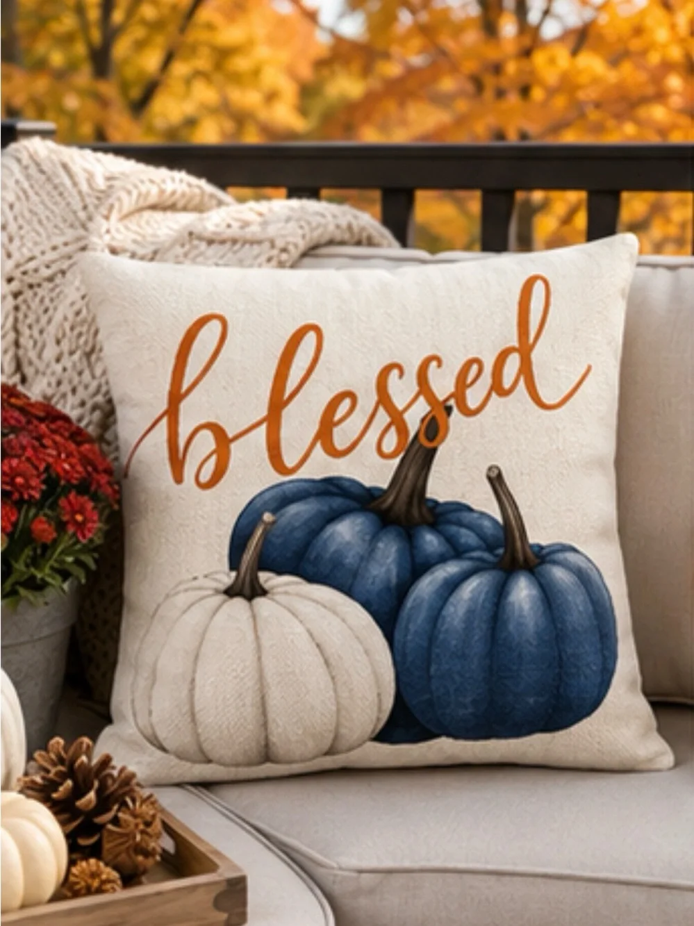 Fall & Autumn Navy Blue and cream 18×18 square Textured Pillow COVERS